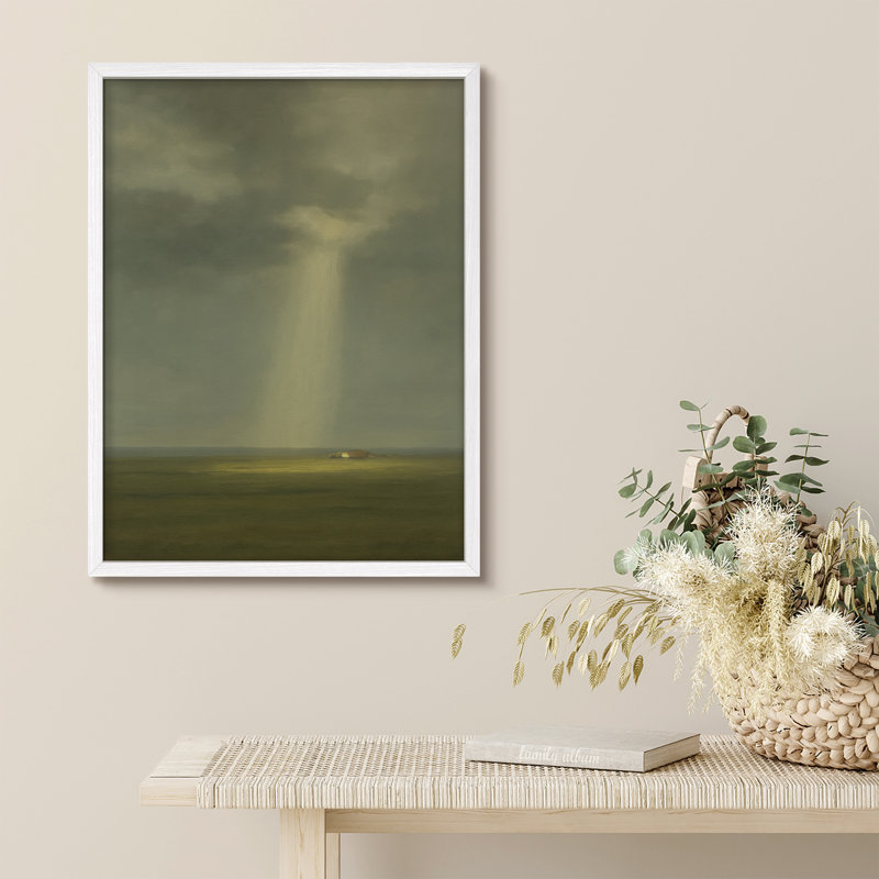 Reproduction d'art encadrée - faisceau de lumière sur une maison lointaine, art de paysage atmosphérique pour des pièces rustiques ou minimalistes