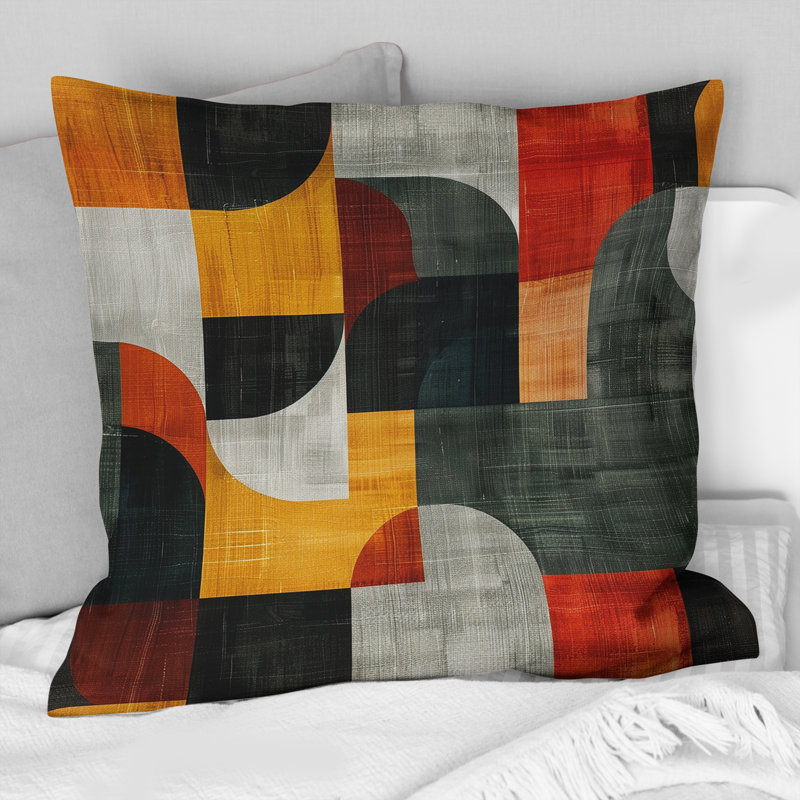 Coussin décoratif rouge et jaune Mid-Century géométrique I - couleurs Mid-Century, H 16 po x l 16 po