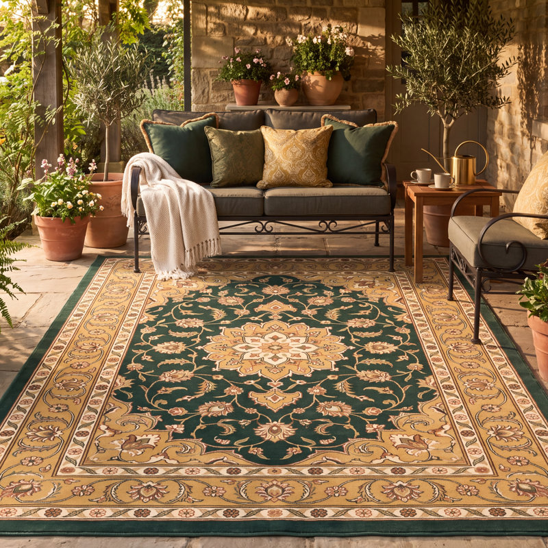 Tapis Stanhope traditionnel de style persan audacieux, or, vert, crème, ivoire, lavable en machine, antidérapant, à poils courts, pour l'intérieur et l'extérieur, adapté aux animaux domestiques, idéal pour le salon, la chambre, la salle à manger, l'entrée, le couloir ou le bureau.