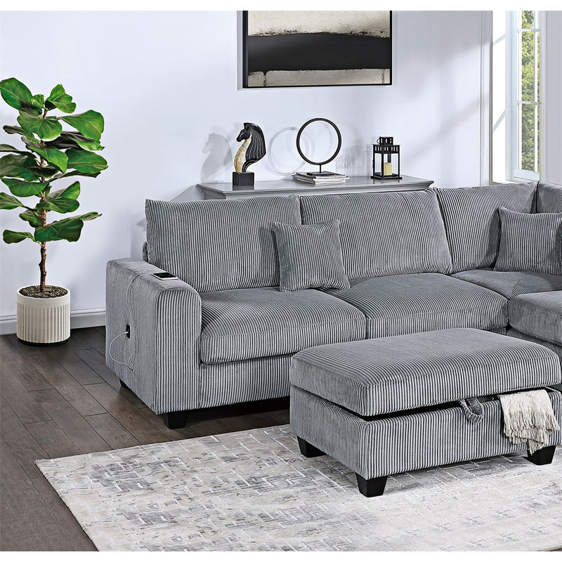 Contemporary 3Pc Sectional Set Corduroy Couch LAF Sofa RAF Chaise Ottoman L-Sectional, Fog Corduroy