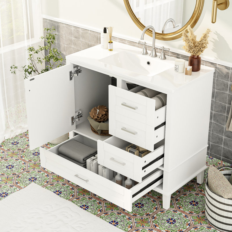 Armoire de salle de bain blanche avec lavabo en céramique - Meuble fonctionnel et élégant avec cadre en bois massif 36 po