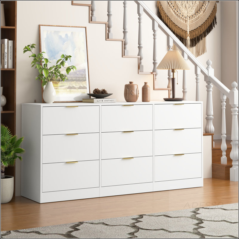 Commode 9 tiroirs blanche - Poignées dorées et grands tiroirs profonds, Blanc