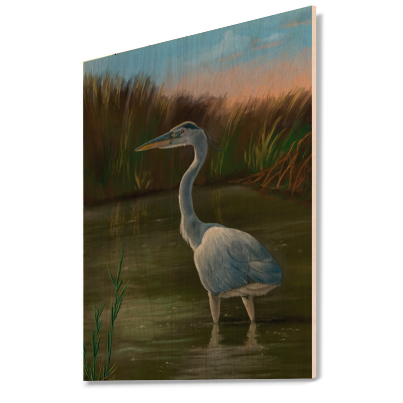 Blue Heron Wetland Bird - reproduction d'art murale traditionnelle, H 20 po x l 12 po x P 1 po, Bois de pin