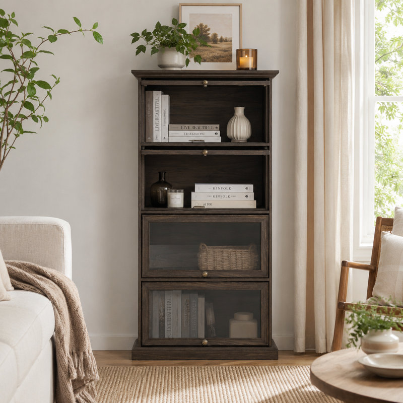 Vintage Four-Tier Display Cabinet with Flip-Up Glass Doors, Brown