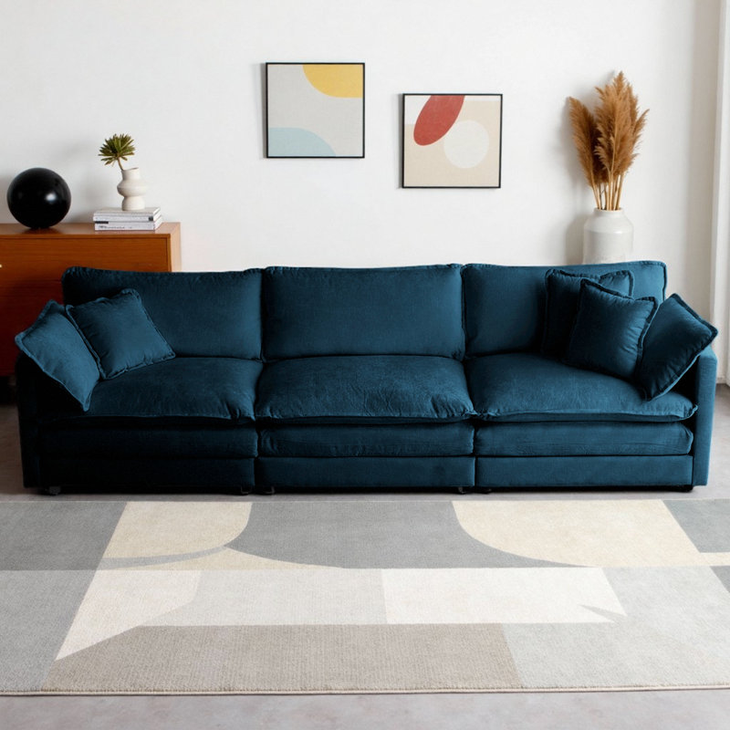 Canapé de style Mid-Century rembourré en chenille avec 5 coussins décoratifs, conception modulaire pour le salon, 3, Bleu