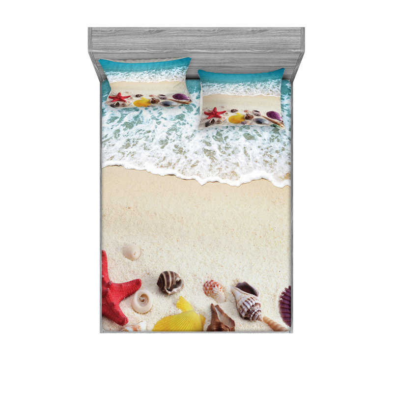 Ambesonne Beach Fitted Sheet & Pillow Sham  Set,  Multicolor, California King Sheet Set with 4 Pillowcases
