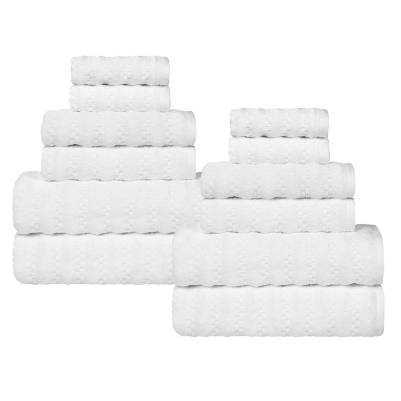 Zuma Zero Twist Cotton Medium Weight Soft Absorbent 12 Piece Towel Set, White