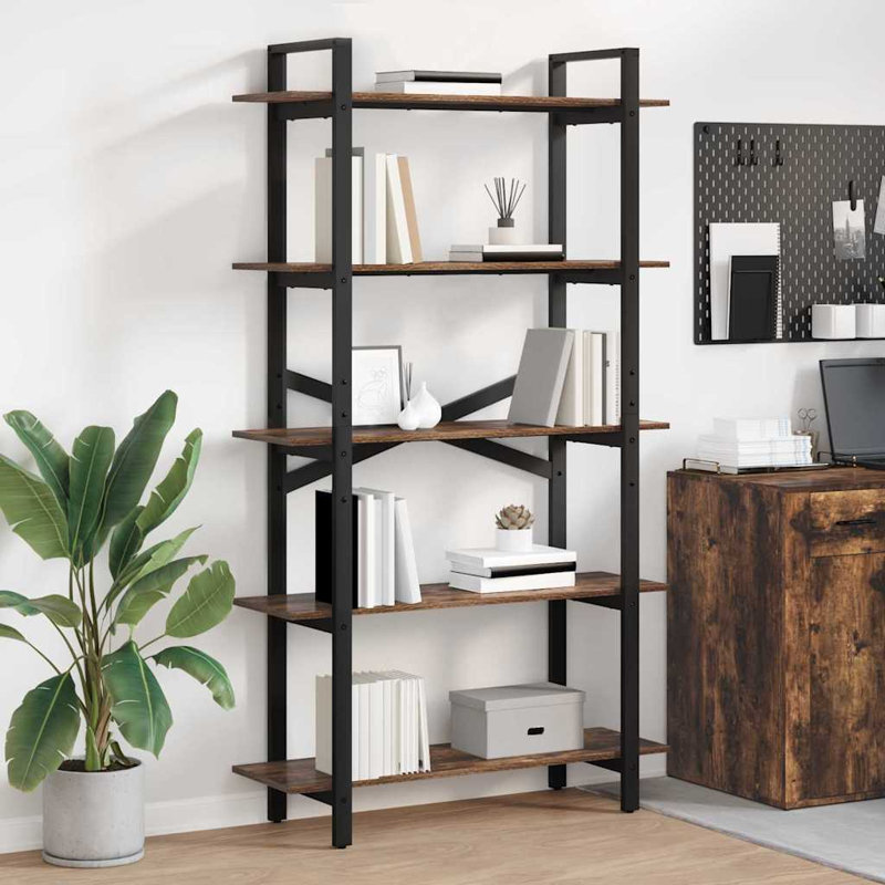 100cm W Steel Etagere Bookcase, (5 Shelves) 178cm. H x 100cm. W x 33.5cm. D, Smoked Oak