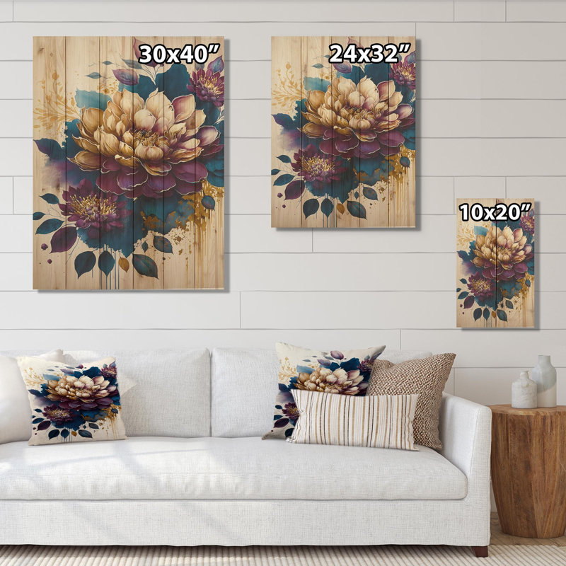 Dahlia bourgogne et bleu I - impression, H 32 po x l 16 po x P 1 po