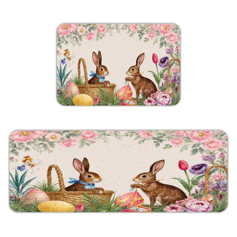 Ensemble de 2 lapins avec paniers de Pâques et tapis de cuisine, Lapins avec paniers de Pâques