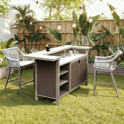 Outdoor Home Bar Unit Set Of 3, All-Weather Wicker & Aluminum Frame Farmhouse Bar Table With 2 Counter Height Stools With Shelves And Cabinet, For Patio, Kitchen Island, Indoor Outdoor Use
