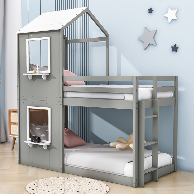 Hruni Kids Twin Over Twin Bunk Bed, Gray