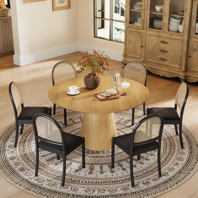 Mid-Century Modern Round Pedestal Dining Table Sets With 43" Round Table & Soild Wood Chairs