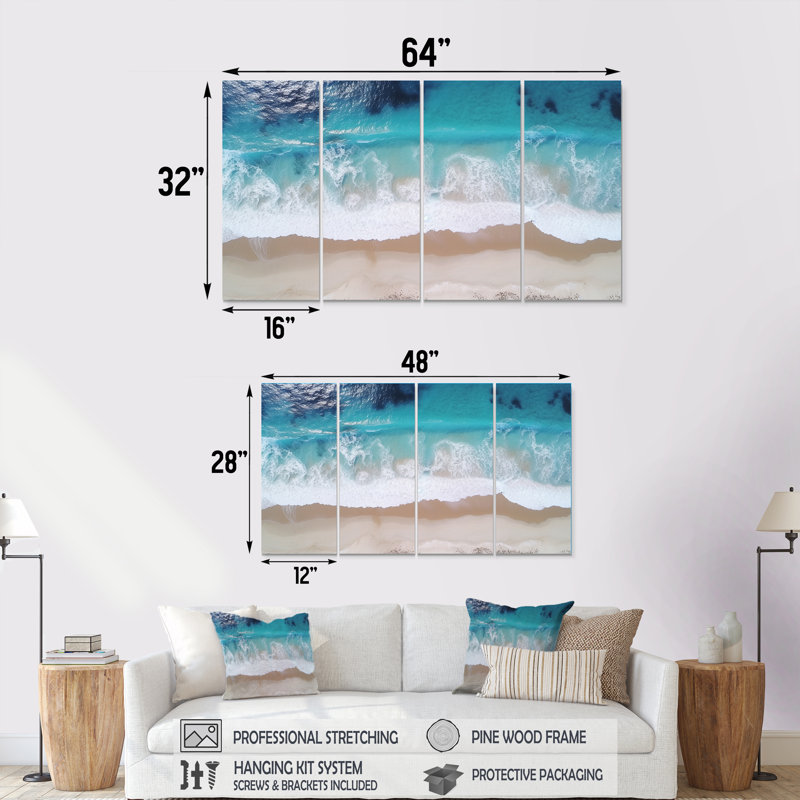 Vagues blanches et bleues vue aérienne III - plage côtière, ensemble de 4 décorations murales, H 32 po x l 64 po