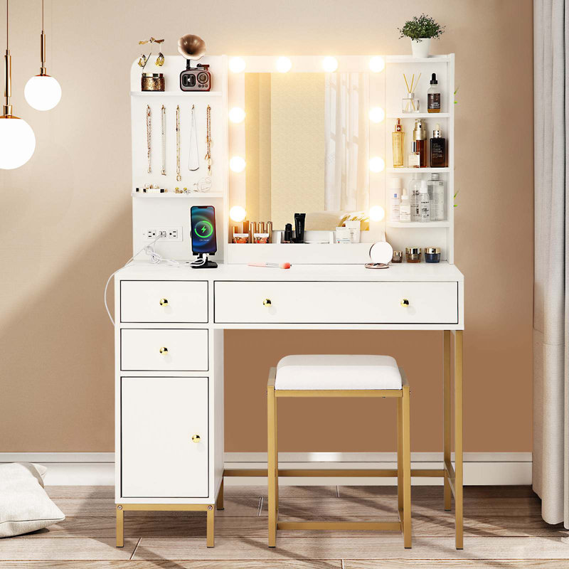 Vanity Desk with Mirror Makeup Vanity Table with Chair and Charging Station Dressing Table with Drawers and Storage Shelves Vanity Table Set for Bedroom Dressing Room 3 Lighting Modes