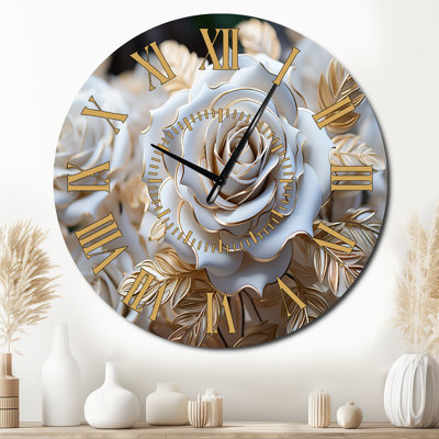 White And Gold Rose Passion - Roses Golden Face Wall Clock