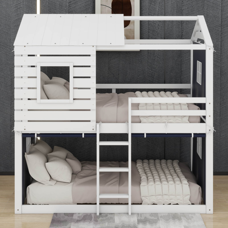 Twin Size Wood House Bunk Bed With Tent