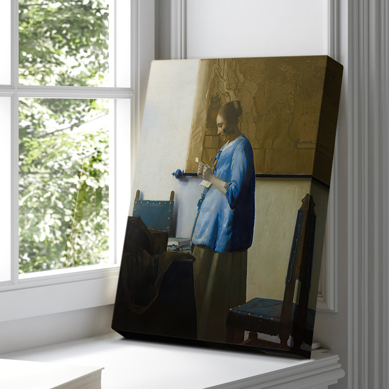 Femme en bleu lisant une lettre sur toile tendue, 8 x 12