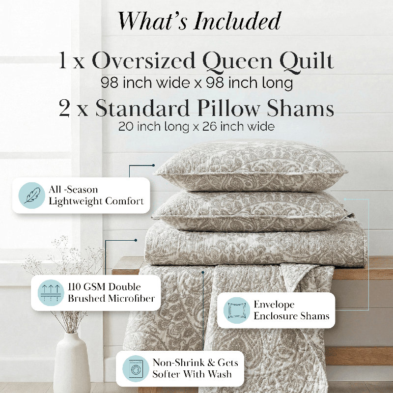 Ashanti Oversized easy care lightweight Quilt Set by Southshore Fine Linens, Queen Quilt + 2 Standard Shams, Bone
