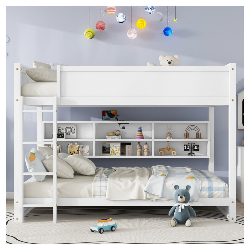 Lit superposé grand sur grand avec tablettes de rangement intégrées et station de charge, lit superposé simple en bois de pin massif avec garde-corps et échelle, blanc