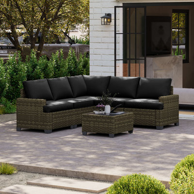  Ensemble de conversation modulaire en osier de patio 6 pièces avec coussins de 4 po et table basse