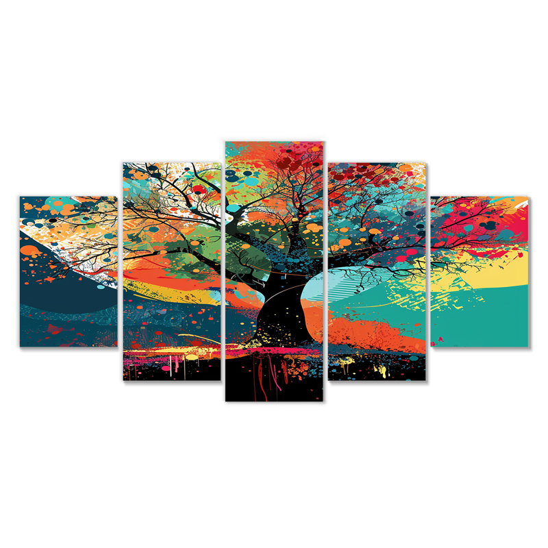 «Autumn Color Splash Tree On Mountain - Botanicals», art mural 5 pièces, H 32 po x l 60 po