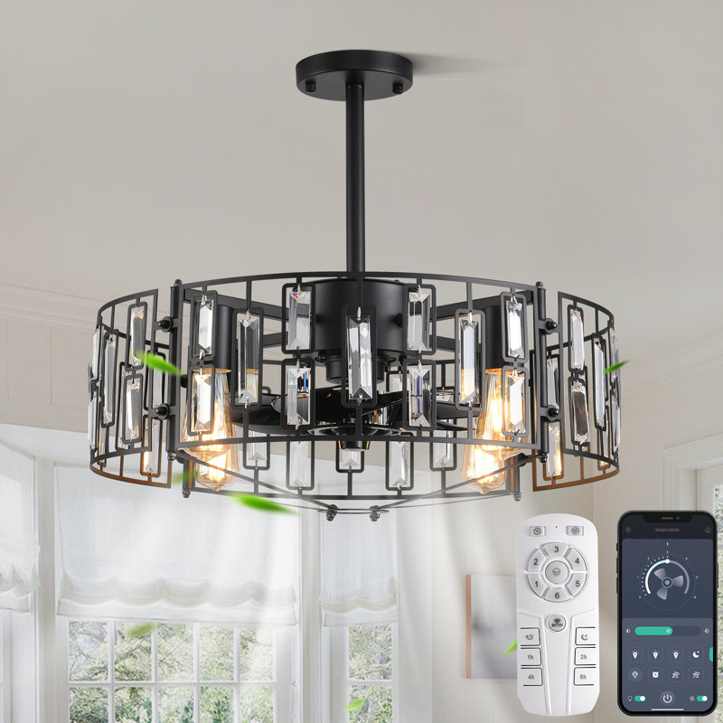 Boehme 19.68'' Crystal Caged Chandelier Ceiling Fan with Light and Remote Control