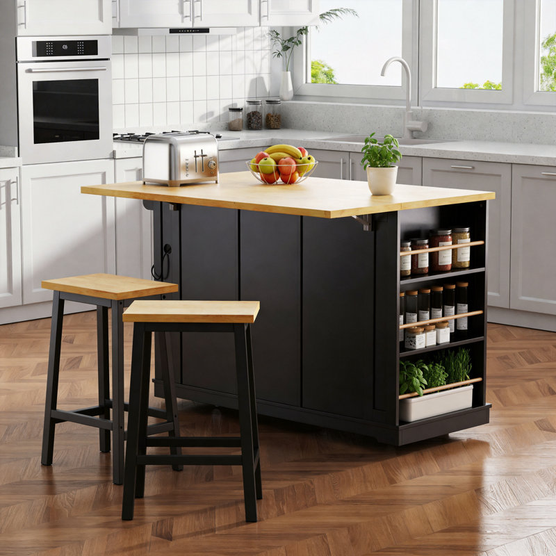 53.2-Inch Kitchen Island 3-Piece Set With 2 Bar Stools, Power Outlet, Interior Door Storage, Folding Tabletop, 5 Wheels, 5 Side Shelves, 3 Drawers, Black.