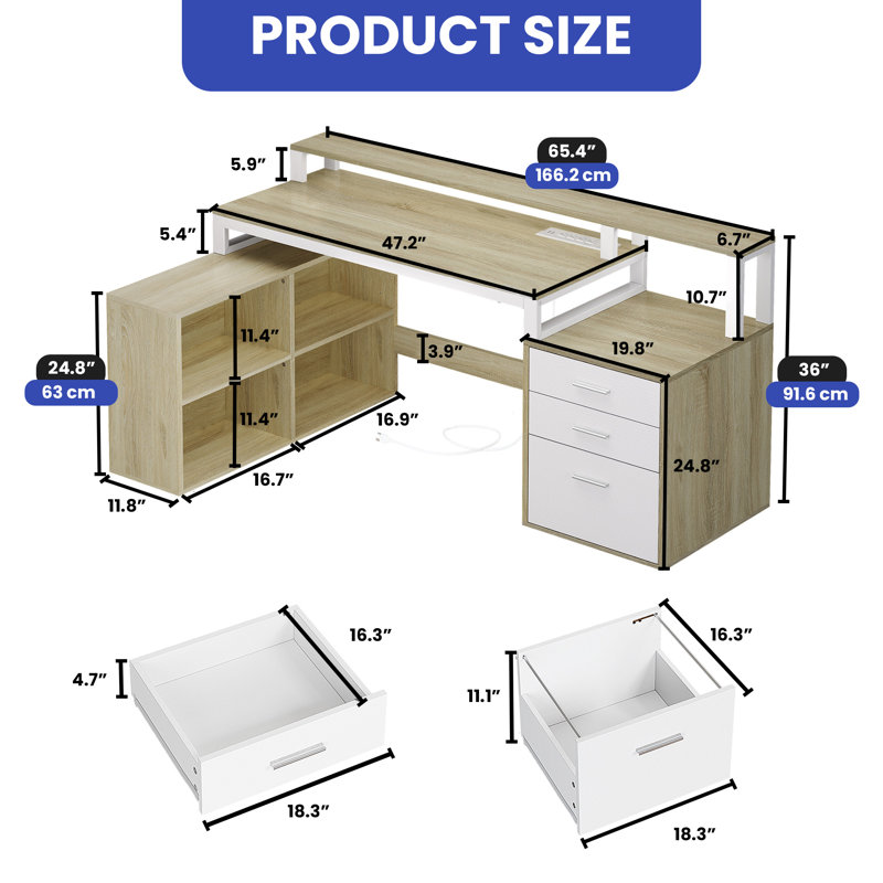 Cristel 65.4'' W L-Shaped Computer Desk, Natural/White