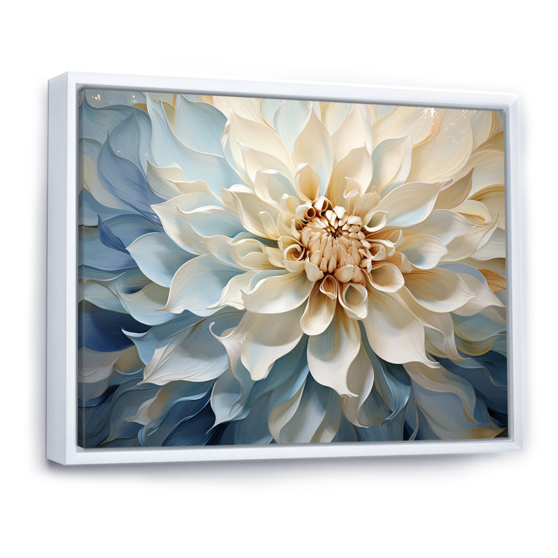 Blanc et bleu fleur de dahlia minimalisme - art mural dahlia, H 12 po x l 20 po x P 1 po, Cadre flottant blanc