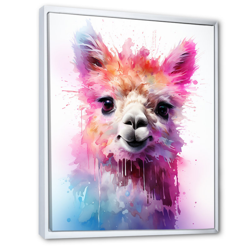 Coloré, enchanté, Popart, alpaga, portrait I - Alpaca, art mural, Cadre flottant blanc, H 44 po x l 34 po x P 1,5 po