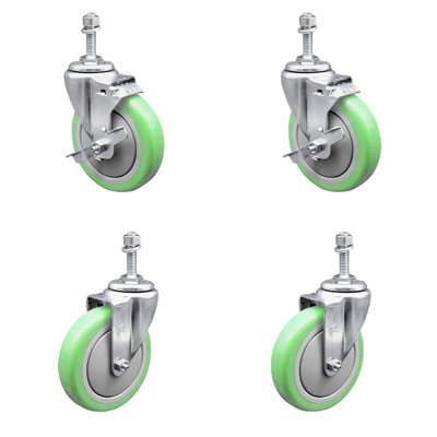 5 Inch SS Green Poly Swivel 3/8 Inch Threaded Stem Caster Set 2 Brake SCC
