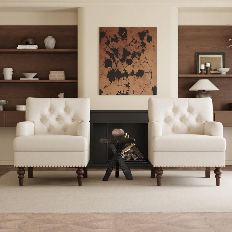Fauteuil de luxe à pieds hauts capitonnés avec garniture cloutée et coussin rembourré épais et moelleux, Tissu beige