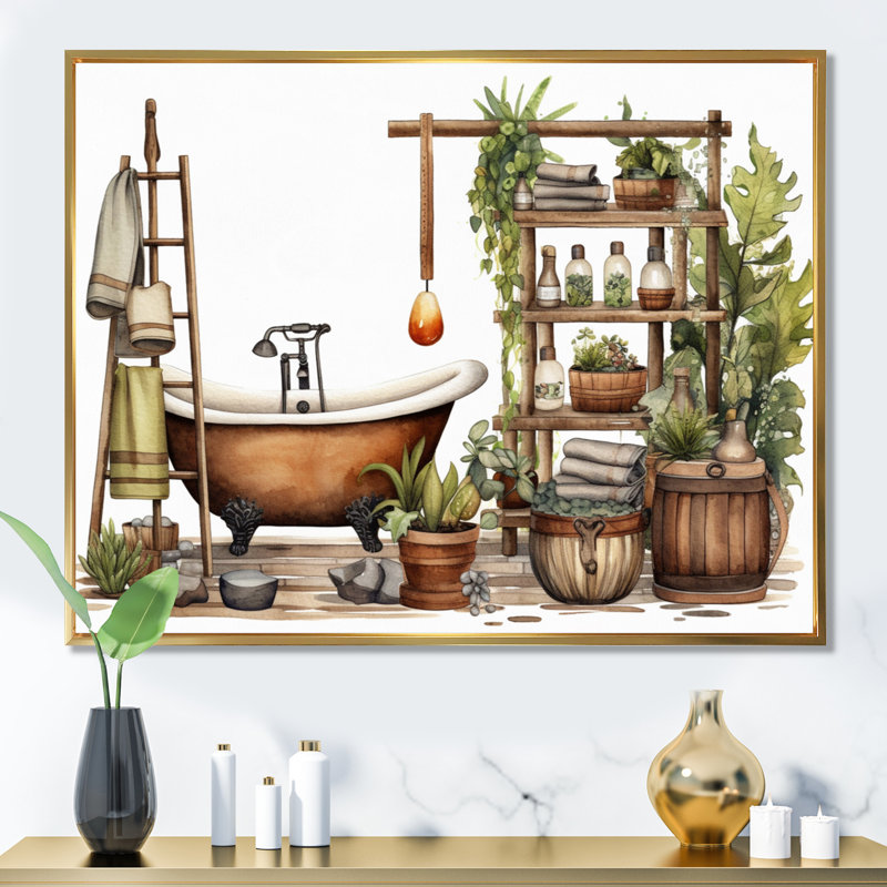 "Natural Bathroom Decor XXII", reproduction sur toile, H 30 po x l 40 po, Cadre flottant doré