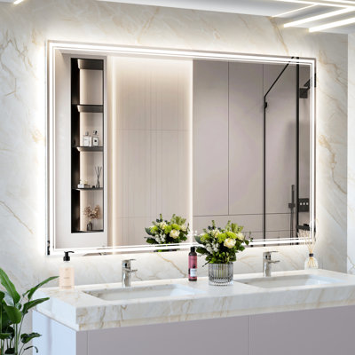 60X40 Inch Bathroom Mirror With Led Strip, Waterproof, 3 Color Choices, Aluminum Alloy Frame, Smart Touch, Wall Mounted Bath