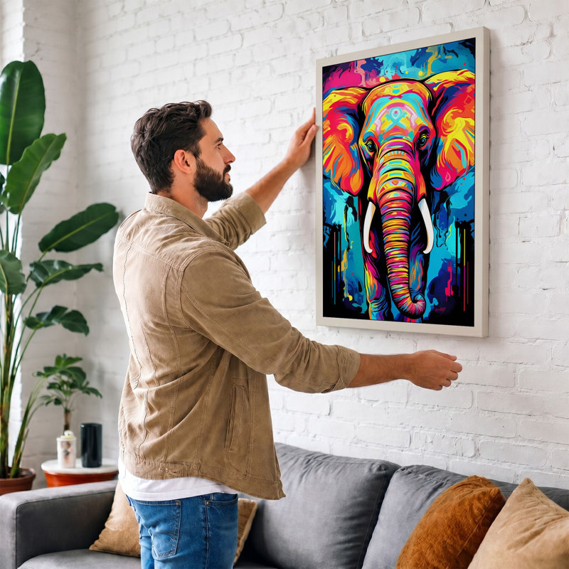 Neon Elephant Street Art - Print, 30x20 - 76.2 x 50.8 cm, White Border