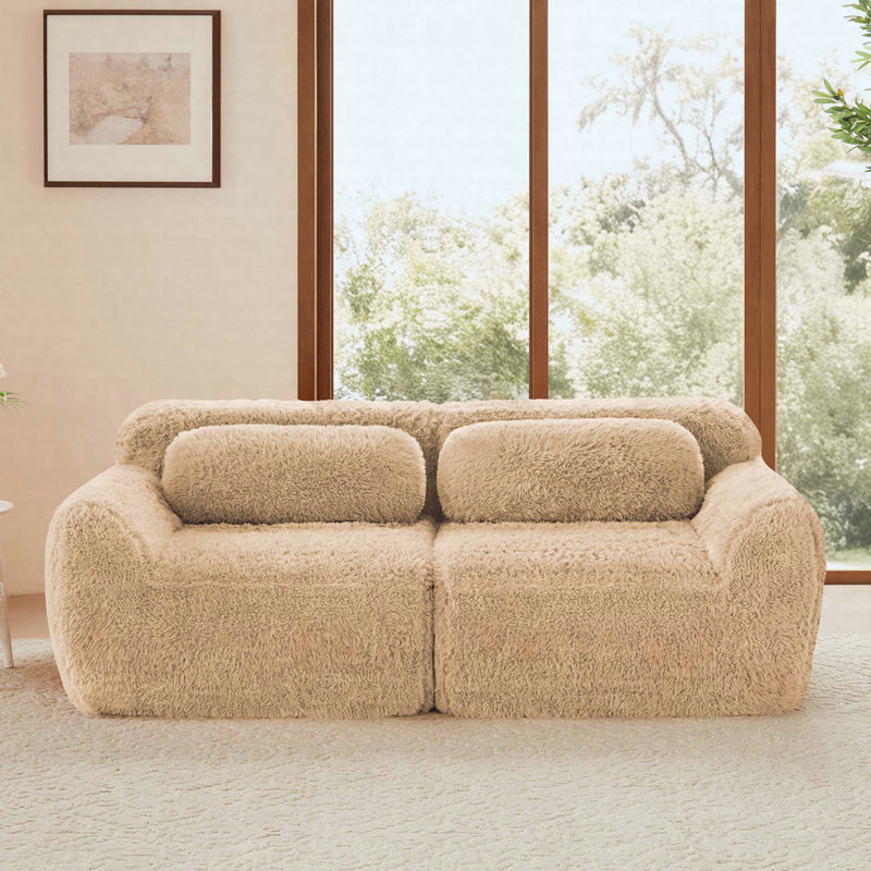 Boneless 2-Seater Modular Sofa With Plush Fabric And High-Density Sponge, Light Khaki