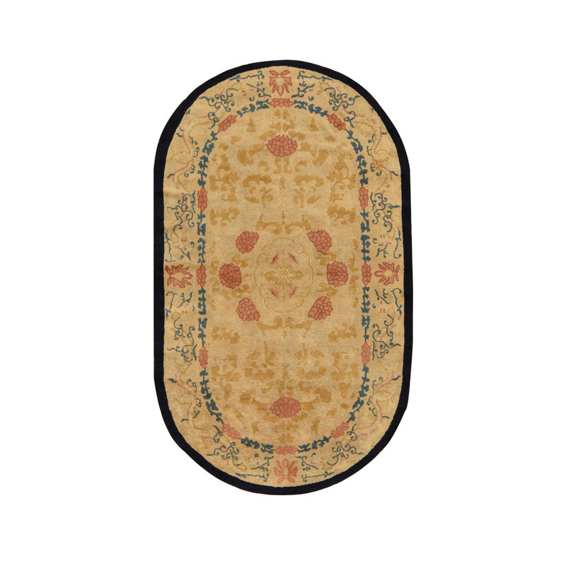 Tapis oriental noué à la main brun kaki 4 pi x 6 pi 9 po, velours complet, excellent état, forme ovale, 100% laine