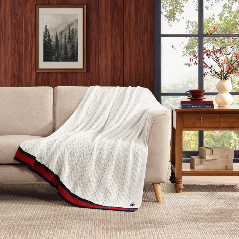 Tommy Hilfiger Chunky Cable Knit Beige Throw Blanket