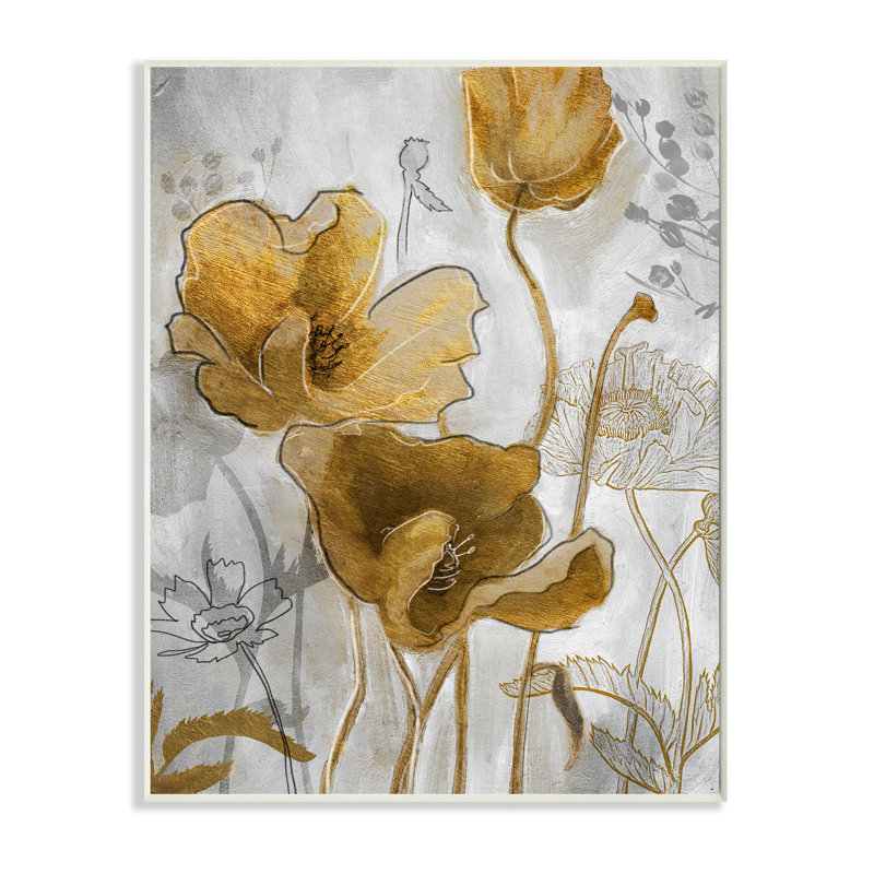 Illustration florale abstraite du coquelicot doré, H 19 po x l 13 po, Plaque murale
