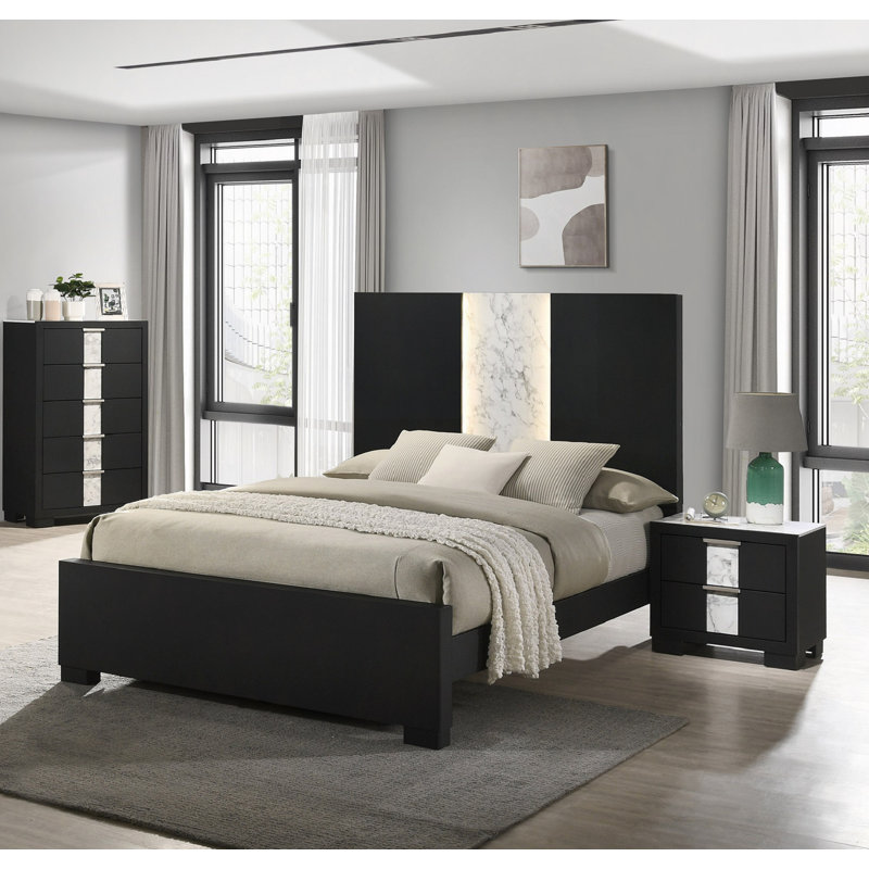 Mobilier de chambre à coucher contemporain avec panneau de tête de lit à lumière DEL en bois noir, Grand lit