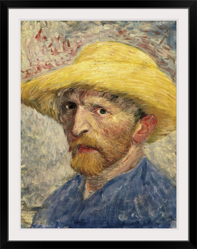 Autoportrait avec un chapeau de paille par Vincent Van Gogh - reproduction, H 24 po x l 20 po x P 1 po, Cadre noir