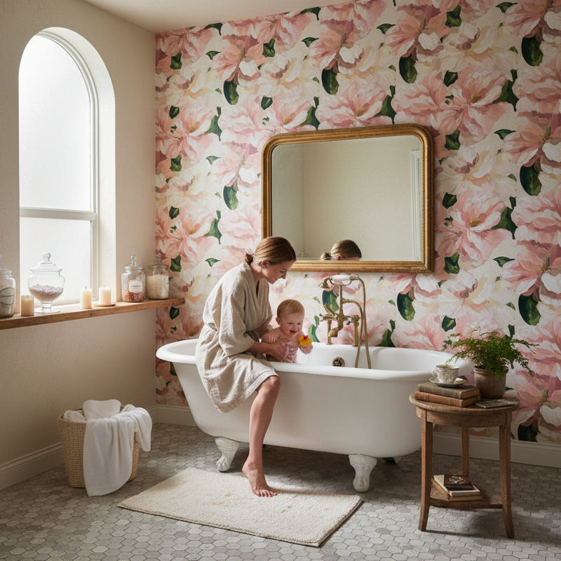 Papier peint floral, décoration murale moderne rose