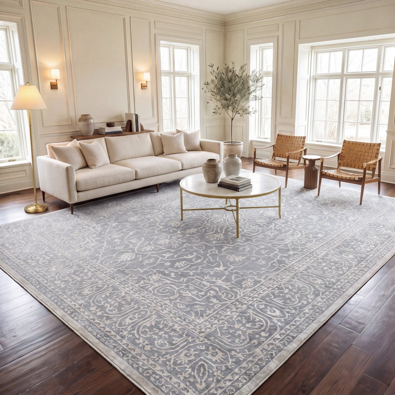 Tapis gris clair / crème à motif floral Calidia, Tapis de couloir 2 pi 3 po x 6 pi