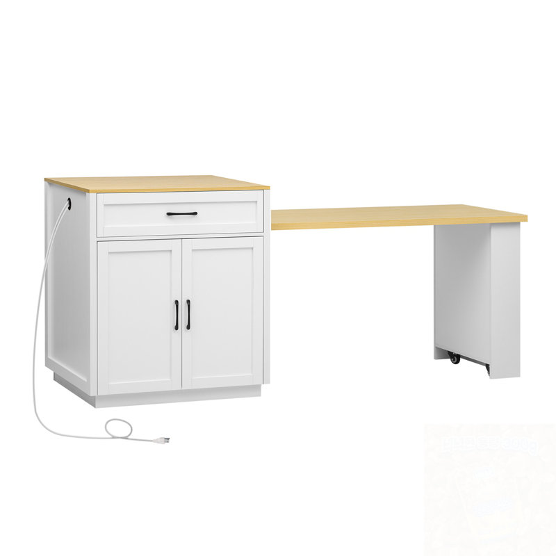 Îlot de cuisine avec table de salle à manger extensible, 2 tiroirs de rangement et 2 tablettes latérales ouvertes