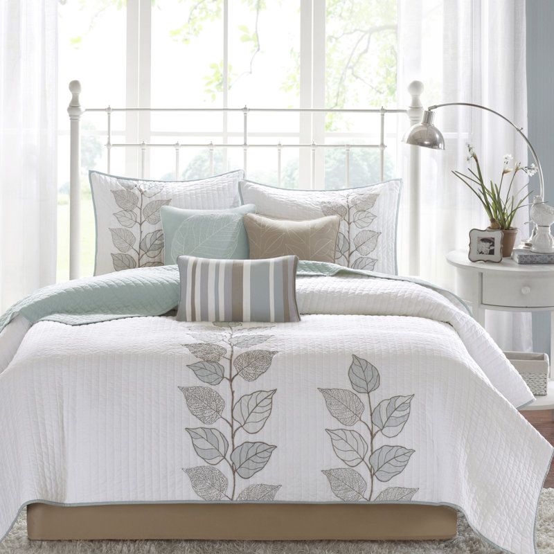 Couette brodée 6 pièces King/King, bleue et blanche, réversible en microfibre, dos doux, broderie classique de feuilles en microfibre blanche, réversible avec