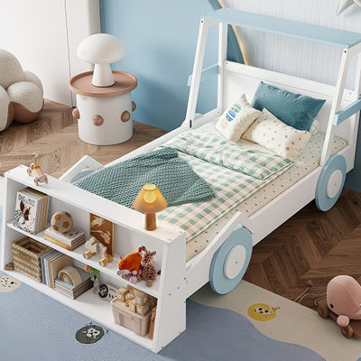 Lit voiture simple avec tablettes de rangement, lit plateforme pour enfants avec une jolie forme de voiture, conception enfantine