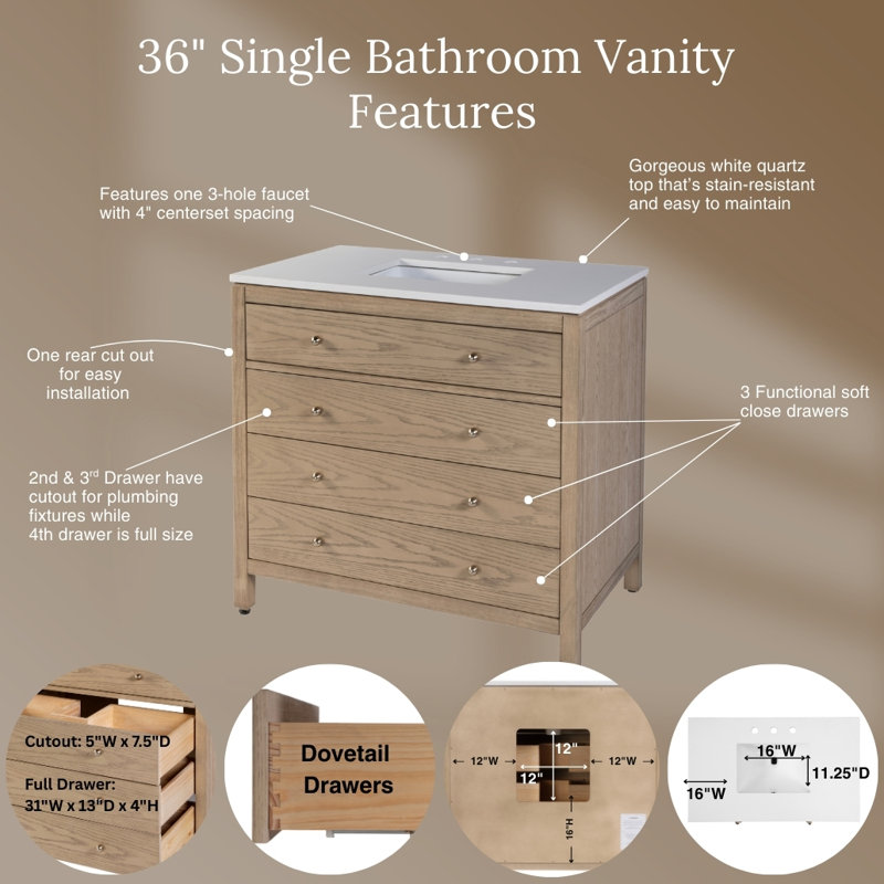 Nora 36 in W Quartz Top Single Sink Bathroom Vanity Set, Light Oak