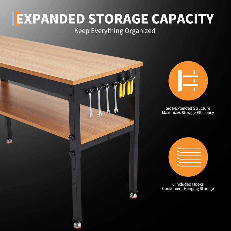Établi robuste 48 "avec prise de courant, tablette de rangement et panneau perforé - capacité de charge de 2 500 lb, table d'atelier réglable pour le garage