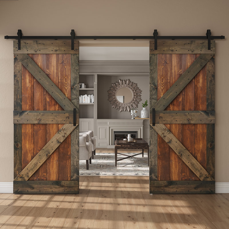 Porte de grange double à panneaux K Series avec quincaillerie d'installation, Noyer foncé / tonneau vieilli, 84 po x 84 po